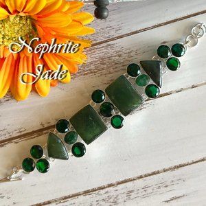 Nephrite Jade Bracelet Green Quartz Handmade Gemstone Crystal 925 Silver Large